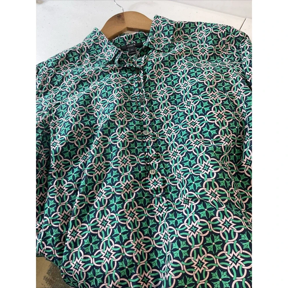 J. Crew Womens Top Size 12 Green Blue Printed Tunic Shirt Long‎ Sleeve Silk Blnd